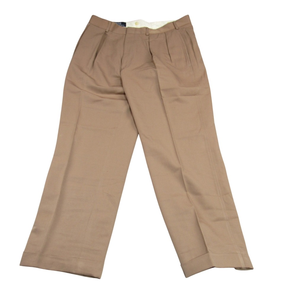 Polo Ralph Lauren Tan Brown Pleated Cuffed Trousers Mens 33x26.5 Made in USA
